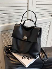 Minimalist Flap Backpack Twist Lock, School Supplies, School Backpack, School Bag, Backpack For School, Back To School Backpack, School Bookbag, Big Backpack, Backpack School, Back To School Bags, Large Capacity, Waterproof, Lightweight, Portable, Business Casual, Suitable For Teen Girls Women College Students, Teacher, White-Collar Workers, Perfect For Back To School, First Day Of School, College, Work, Business, Commute, Office - Black - View 2