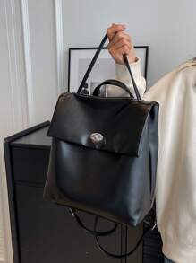 Minimalist Flap Backpack Twist Lock, School Supplies, School Backpack, School Bag, Backpack For School, Back To School Backpack, School Bookbag, Big Backpack, Backpack School, Back To School Bags, Large Capacity, Waterproof, Lightweight, Portable, Business Casual, Suitable For Teen Girls Women College Students, Teacher, White-Collar Workers, Perfect For Back To School, First Day Of School, College, Work, Business, Commute, Office - Black - View 6