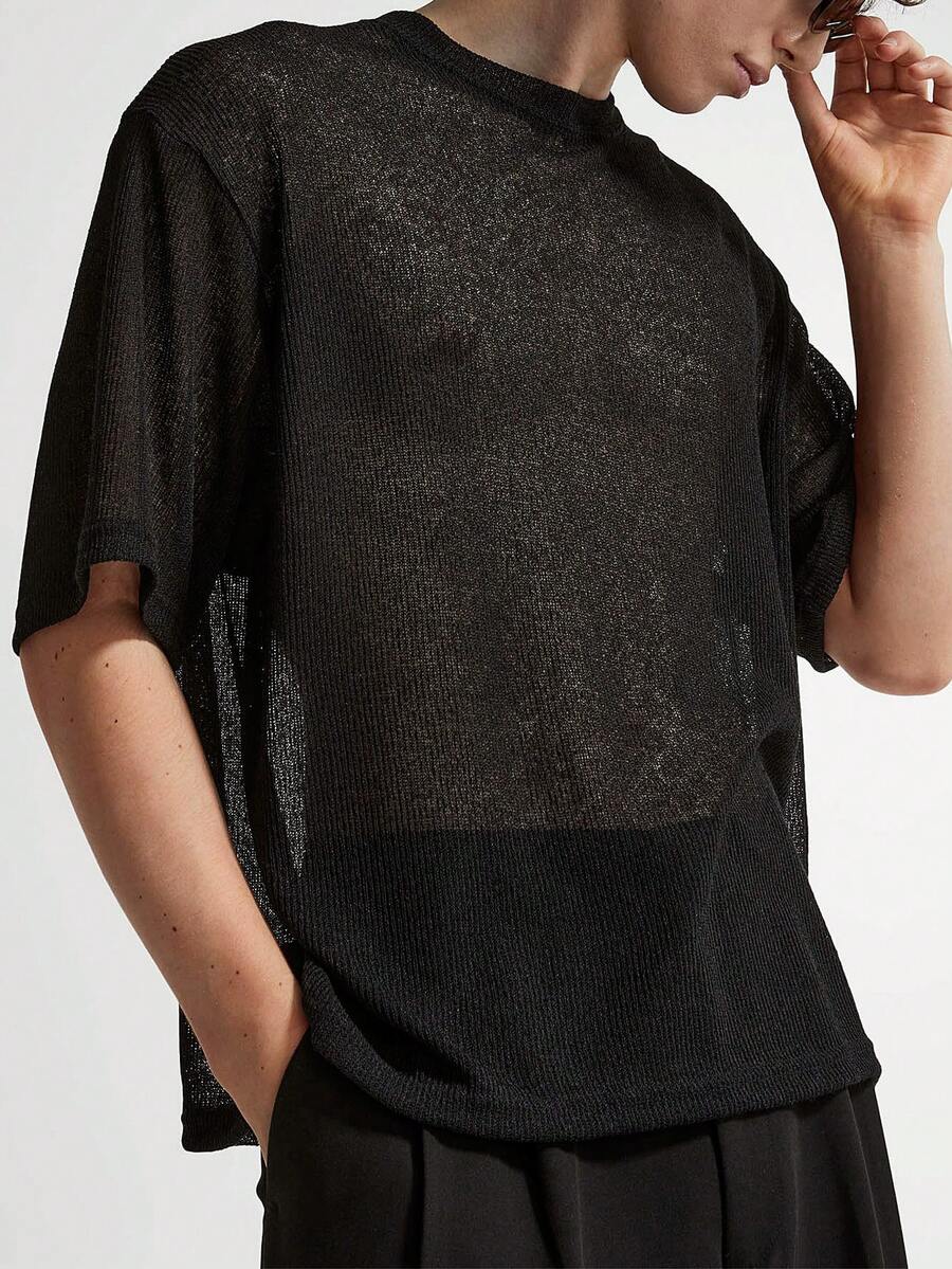 Nam Chất rắn mỏng Thả vai Knit ngọn - màu đen - Xem 1