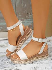 planare Giày sandal đế xuồng buộc dây dành cho nữ, sandal đế xuồng dệt trang trí khóa cài, phù hợp với trang phục mùa xuân hè. - trắng - Xem 5