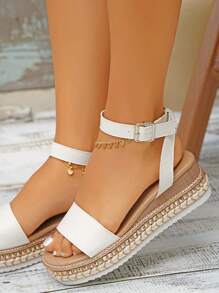 planare Giày sandal đế xuồng buộc dây dành cho nữ, sandal đế xuồng dệt trang trí khóa cài, phù hợp với trang phục mùa xuân hè. - trắng - Xem 6