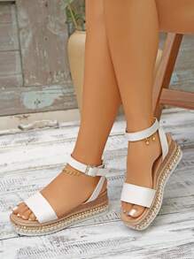 planare Giày sandal đế xuồng buộc dây dành cho nữ, sandal đế xuồng dệt trang trí khóa cài, phù hợp với trang phục mùa xuân hè. - trắng - Xem 9