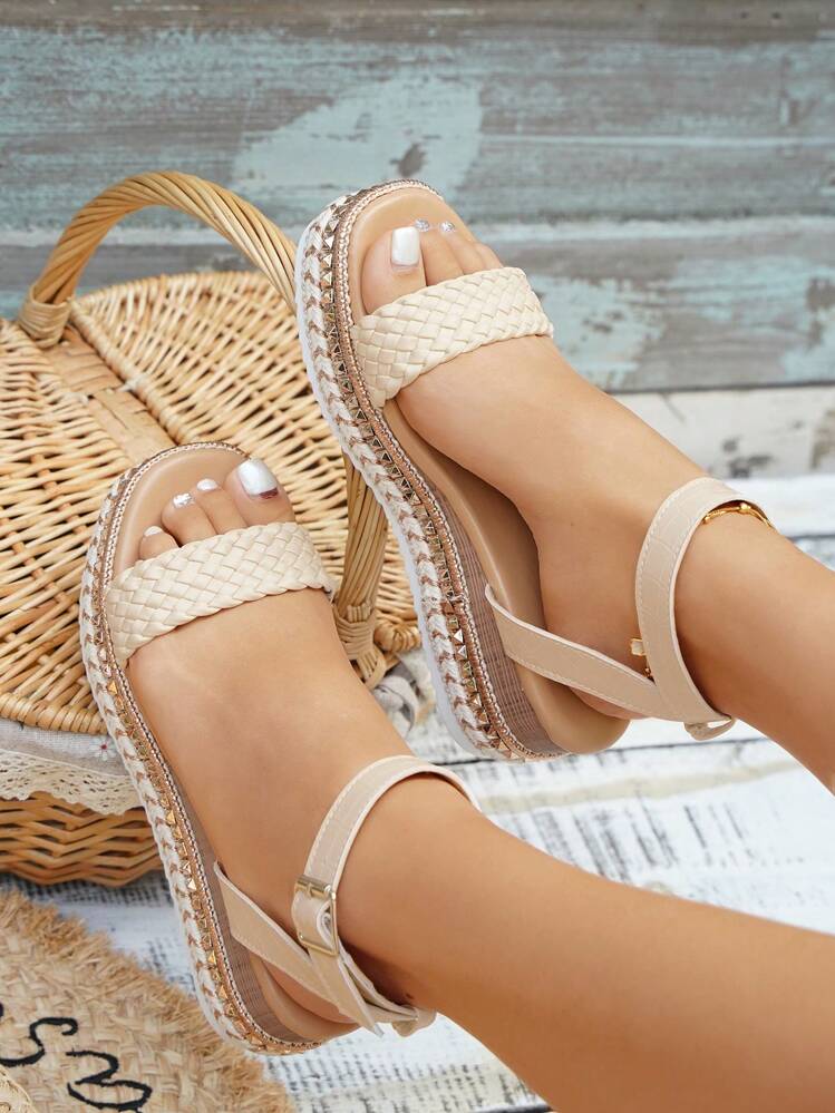 Dép quai ngang mắt cá chân cho nữ, chi tiết thắt bím Giày sandal đế nêm Espadrille - Màu be - Xem 6