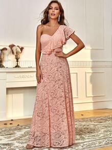 休闲不对称荷叶边长款连衣裙度假伴娘礼服