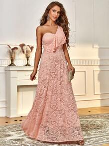 休闲不对称荷叶边长款连衣裙度假伴娘礼服