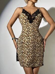 豹紋印花蕾絲邊下擺開叉吊帶睡裙附丁字褲 - 卡其色 - 查看 4