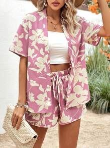 SHEIN VCAY Floral Print Drop Shoulder Blouse & Tie Front Shorts - Pink - View 1