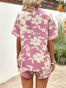 SHEIN VCAY Floral Print Drop Shoulder Blouse & Tie Front Shorts - Pink - View 2