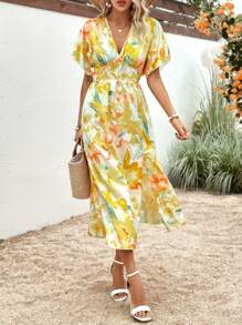 SHEIN VCAY Floral Print Batwing Sleeve Dress - Yellow - View 1