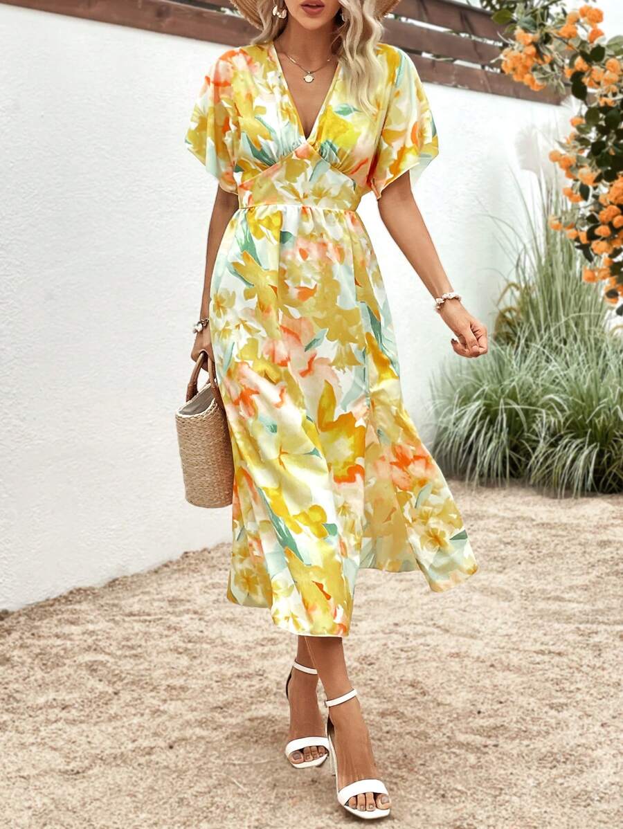 SHEIN VCAY Floral Print Batwing Sleeve Dress - Yellow - View 1
