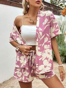SHEIN VCAY Floral Print Drop Shoulder Blouse & Tie Front Shorts - Pink - View 4