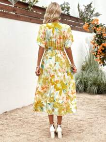 SHEIN VCAY Floral Print Batwing Sleeve Dress - Yellow - View 2
