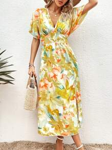 SHEIN VCAY Floral Print Batwing Sleeve Dress - Yellow - View 3