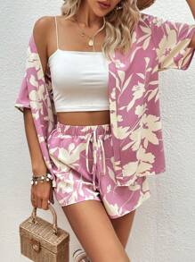 SHEIN VCAY Floral Print Drop Shoulder Blouse & Tie Front Shorts - Pink - View 5