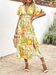 SHEIN VCAY Floral Print Batwing Sleeve Dress - Yellow - View 4