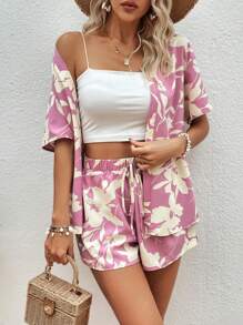 SHEIN VCAY Floral Print Drop Shoulder Blouse & Tie Front Shorts - Pink - View 6
