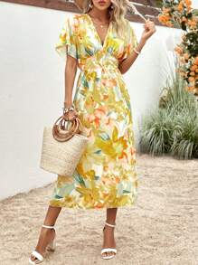 SHEIN VCAY Floral Print Batwing Sleeve Dress - Yellow - View 5