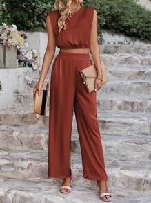 SHEIN Unity 素色無袖上衣和闊腿褲 - 鏽棕色 - 查看 3