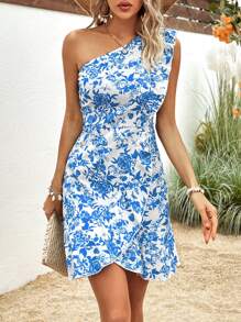 SHEIN VCAY Vestido con estampado floral de un hombro ribete con fruncido - Azul y blanco - Ver 4