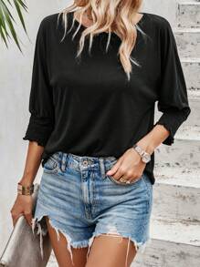 SHEIN VCAY Solid Batwing Sleeve Tee - Black - View 1