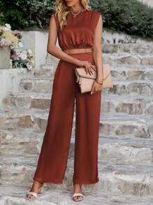 SHEIN Unity 素色無袖上衣和闊腿褲 - 鏽棕色 - 查看 4