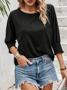 SHEIN VCAY Solid Batwing Sleeve Tee - Black - View 3