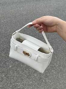 Solid Color Square Bag With Twist Lock And Top Handle - Beige - View 3