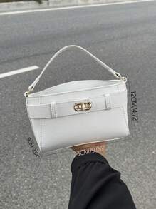 Solid Color Square Bag With Twist Lock And Top Handle - Beige - View 5