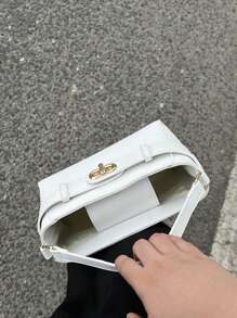 Solid Color Square Bag With Twist Lock And Top Handle - Beige - View 6