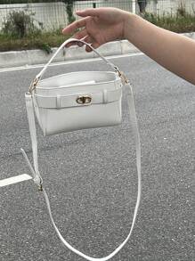 Solid Color Square Bag With Twist Lock And Top Handle - Beige - View 8