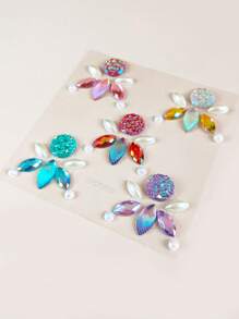 DIY鐳射臉部貼紙,1張水鑽和人造珍珠面部紋身貼紙彩妝紋身貼紙 - 彩色 - 查看 3