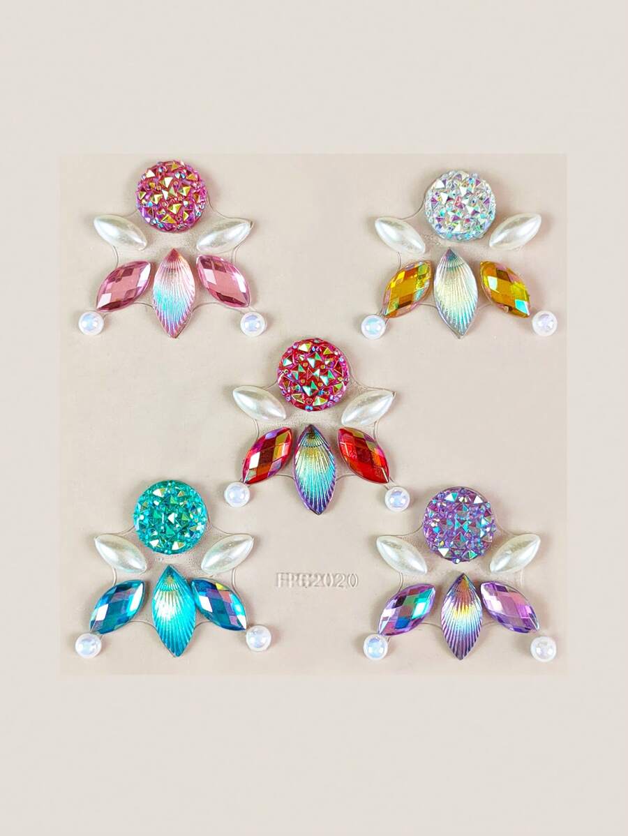 DIY鐳射臉部貼紙,1張水鑽和人造珍珠面部紋身貼紙彩妝紋身貼紙 - 彩色 - 查看 1