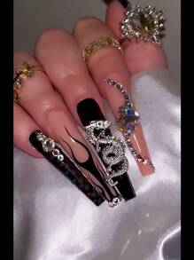 24入組長款歐美風格新年3d龍紋貼紙,帶鑽石珠片、火焰和芭蕾主題+1入組果凍凝膠指甲油卸妝墊+1入組指甲文件 - 彩色 - 查看 1