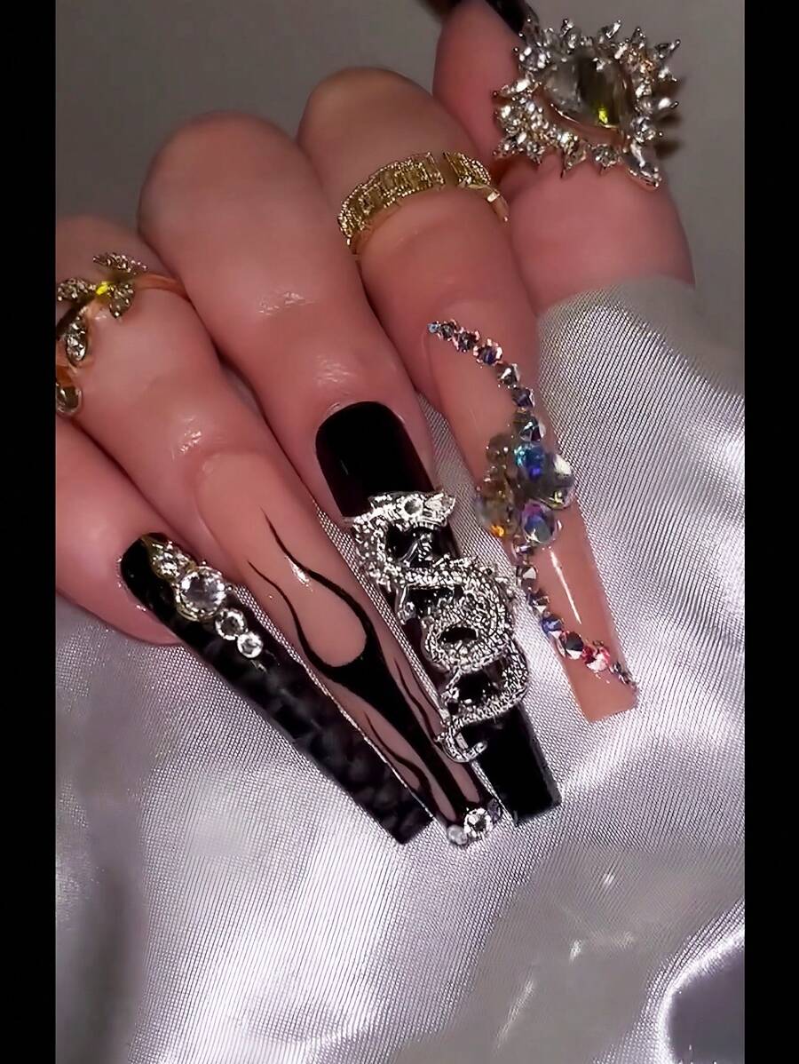 24入組長款歐美風格新年3d龍紋貼紙,帶鑽石珠片、火焰和芭蕾主題+1入組果凍凝膠指甲油卸妝墊+1入組指甲文件 - 彩色 - 查看 1