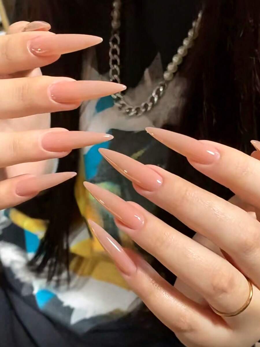 24片装长款尖头法式美甲纯色裸色全覆盖假指甲套装，打造您的全新美甲风格，日常佩戴，尽显清新柔美的指甲魅力。 - 摩卡棕 - 查看 1