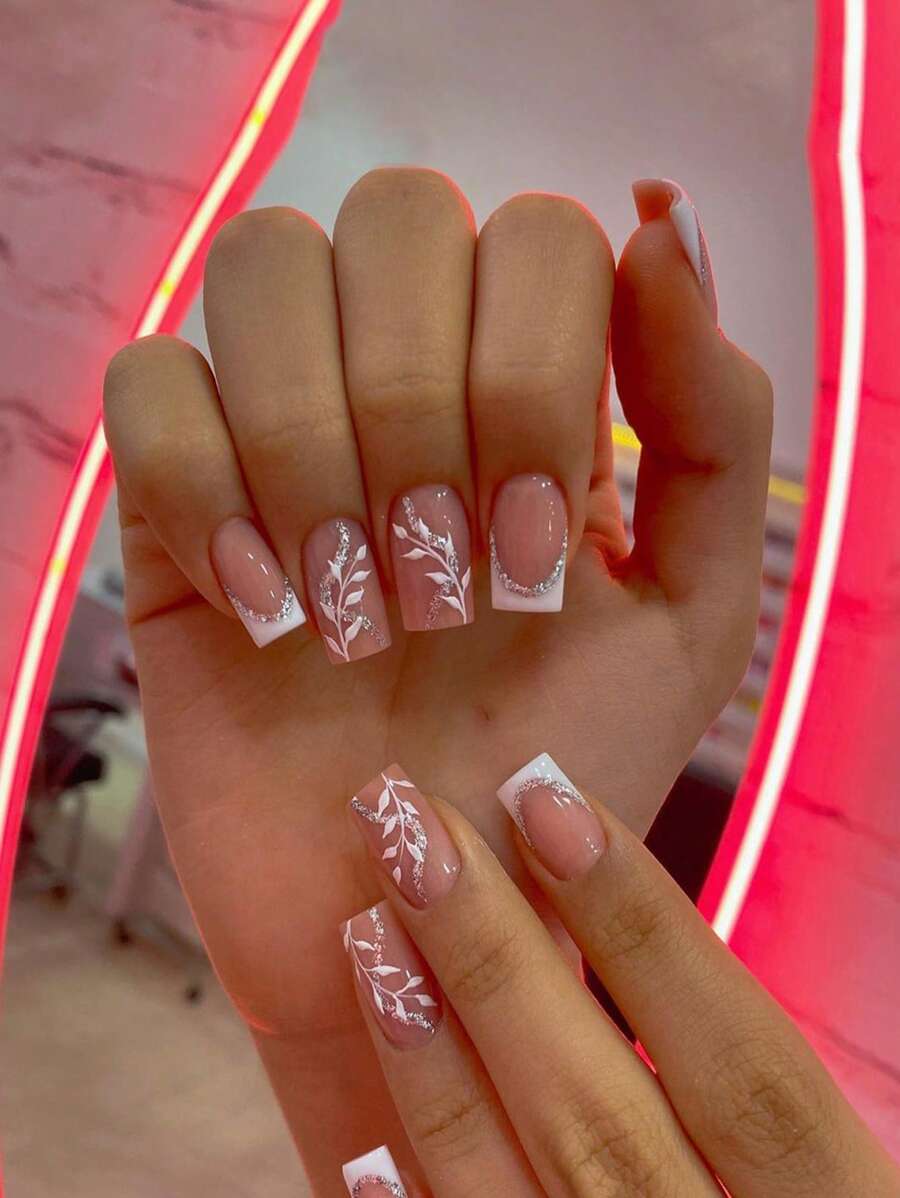 Elevate Your Style With 24pcs Short Square Leaf Pattern Full Cover Fake Nail Kit - Multicolor - View 1