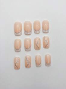 Elevate Your Style With 24pcs Short Square Leaf Pattern Full Cover Fake Nail Kit - Multicolor - View 3