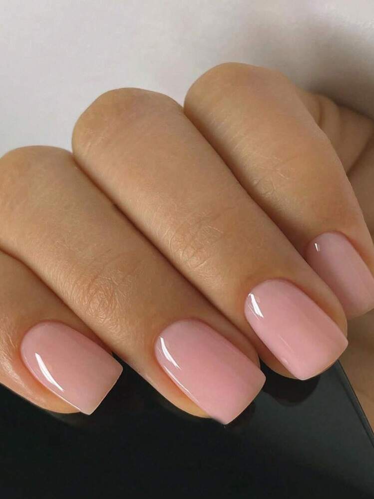 Élever Ton Style Avec 24 pièces Court Ovale Transparent Rose Unicolore Couverture Complète Faux Ongles Presse Ongles Manucure Kit - Nude - Voir 1