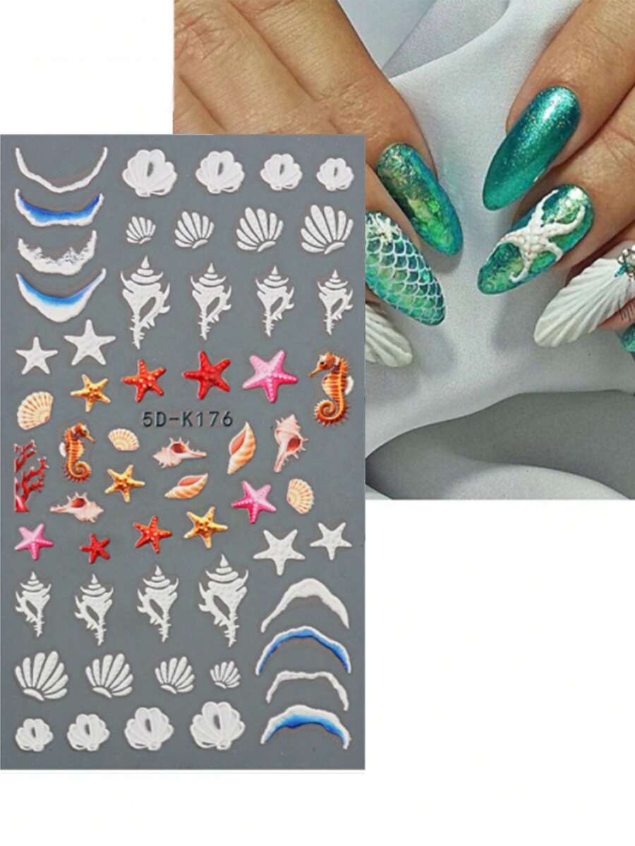 5D Jellyfish Nail Stickers Sea Animal Decor Summer Beach Wave Nail Decals Marble Blooming Sliders Go - Multicolor - View 1