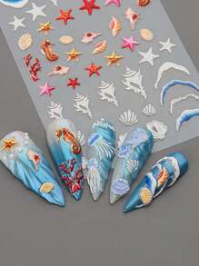 5D Jellyfish Nail Stickers Sea Animal Decor Summer Beach Wave Nail Decals Marble Blooming Sliders Go - Multicolor - View 2