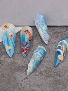 5D Jellyfish Nail Stickers Sea Animal Decor Summer Beach Wave Nail Decals Marble Blooming Sliders Go - Multicolor - View 5