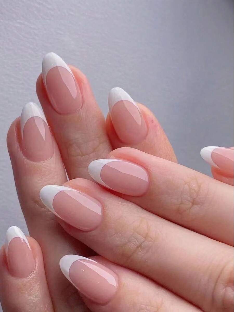 24 Short Almond Shaped White French Striped Ramadan Fake Nail Patches With 1 Jelly Patch And 1 File Strip Press On Nails Nail Supplies - Multicolor - View 1