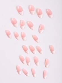 24 Short Almond Shaped White French Striped Ramadan Fake Nail Patches With 1 Jelly Patch And 1 File Strip Press On Nails Nail Supplies - Multicolor - View 2