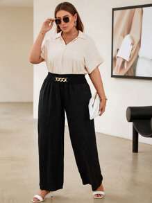 SHEIN Clasi Pantalones de pierna ancha con diseño de cadena - Negro - Ver 5