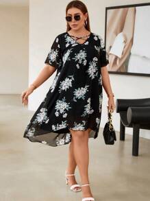 SHEIN Clasi Plus Floral Print Crisscross Front Dress - Black - View 1