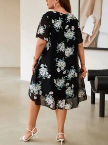 SHEIN Clasi Plus Floral Print Crisscross Front Dress - Black - View 2