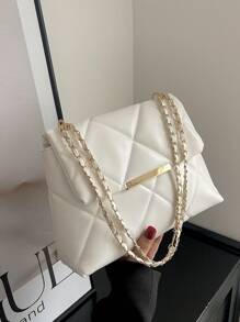 Bolso cuadrado con solapa acolchada, cadena decorativa de metal, casual de negocios, portátil, para adolescentes, mujeres universitarias, trabajadoras de cuello blanco, perfecto para la oficina, la universidad, la escuela primaria, secundaria, preparatoria, el trabajo, los negocios y los desplazamientos. - Blanco - Ver 5