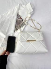 Bolso cuadrado con solapa acolchada, cadena decorativa de metal, casual de negocios, portátil, para adolescentes, mujeres universitarias, trabajadoras de cuello blanco, perfecto para la oficina, la universidad, la escuela primaria, secundaria, preparatoria, el trabajo, los negocios y los desplazamientos. - Blanco - Ver 6