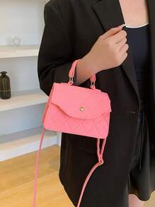 Mini Square Bag Stitch Detail Top Handle Flap Fashionable - Pink - View 5