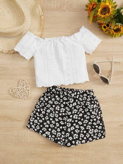 SHEIN Leap Crew Young Girl Off Shoulder Schiffy Top & Ditsy Floral Print Shorts